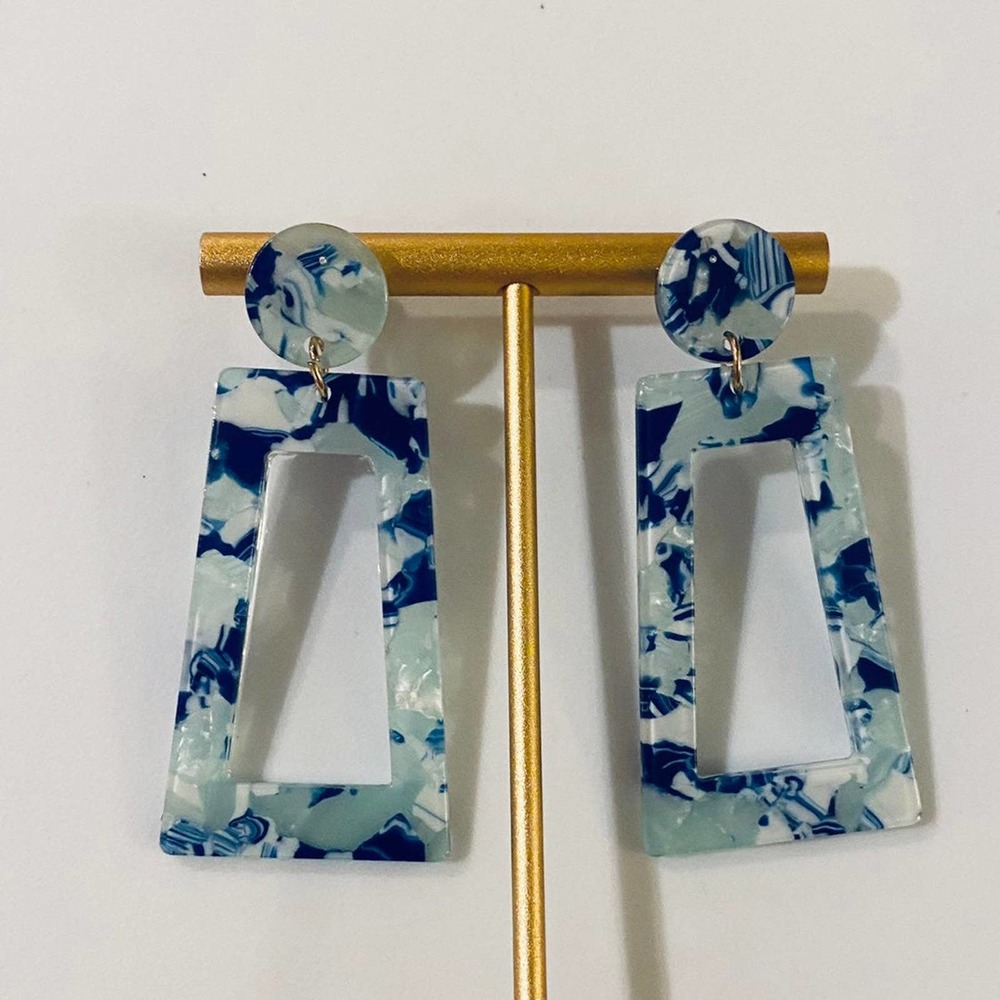 Acrylic Drop Style Earrings Blue Tortoise Shell